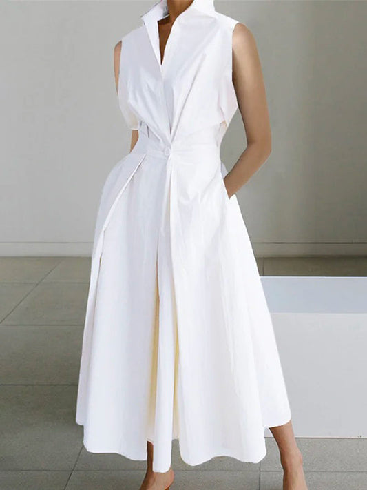 Tina | White Shirt Collar Urban Cotton Dress