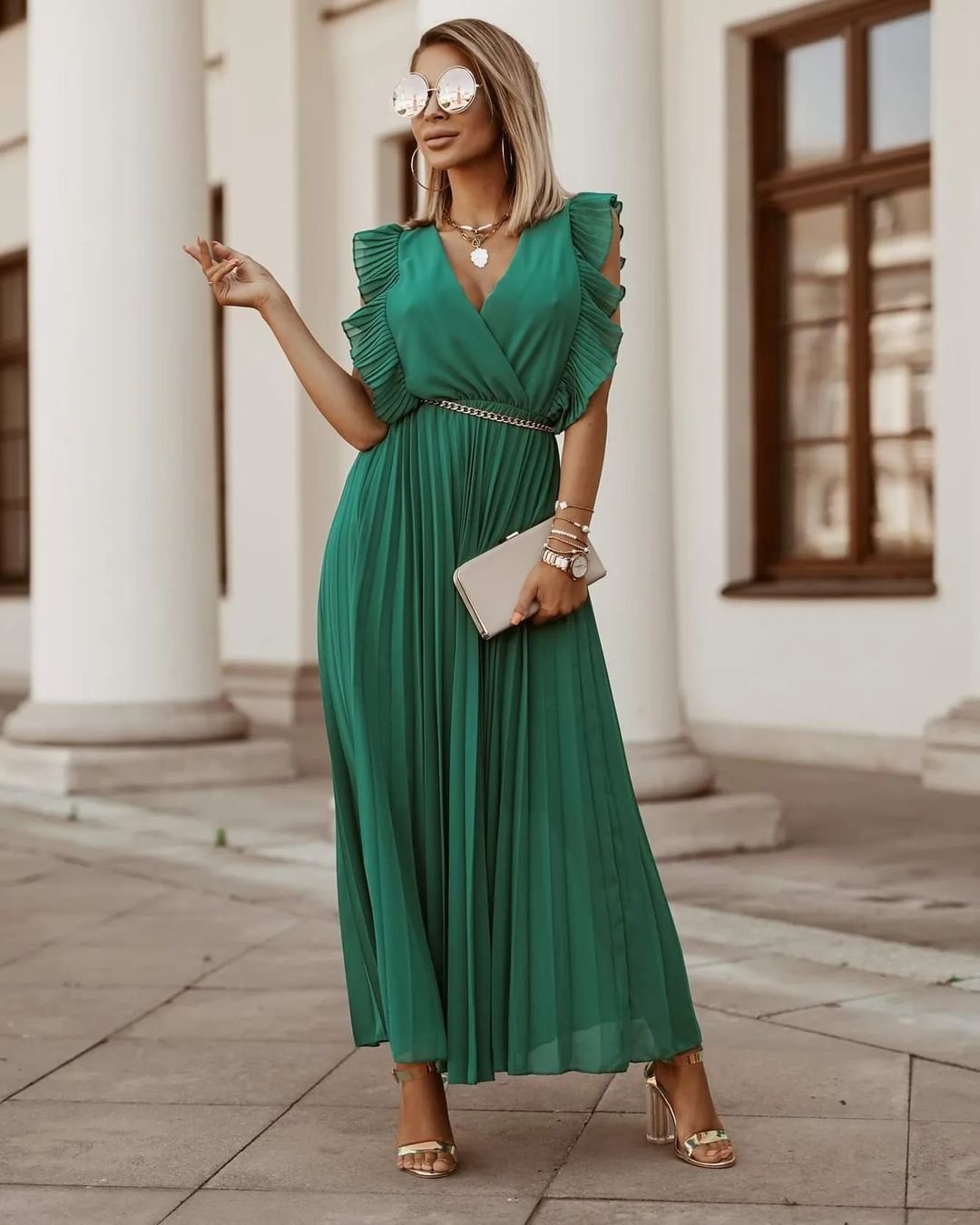 Undina | Green Maxi Dress With Pleats