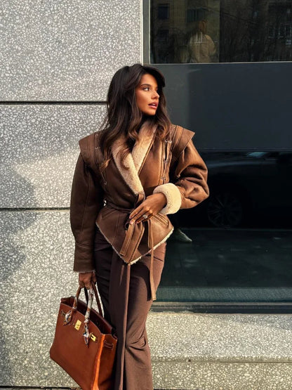 Teresa| Lisa ��������� Brown Jacket with Belt and Collar