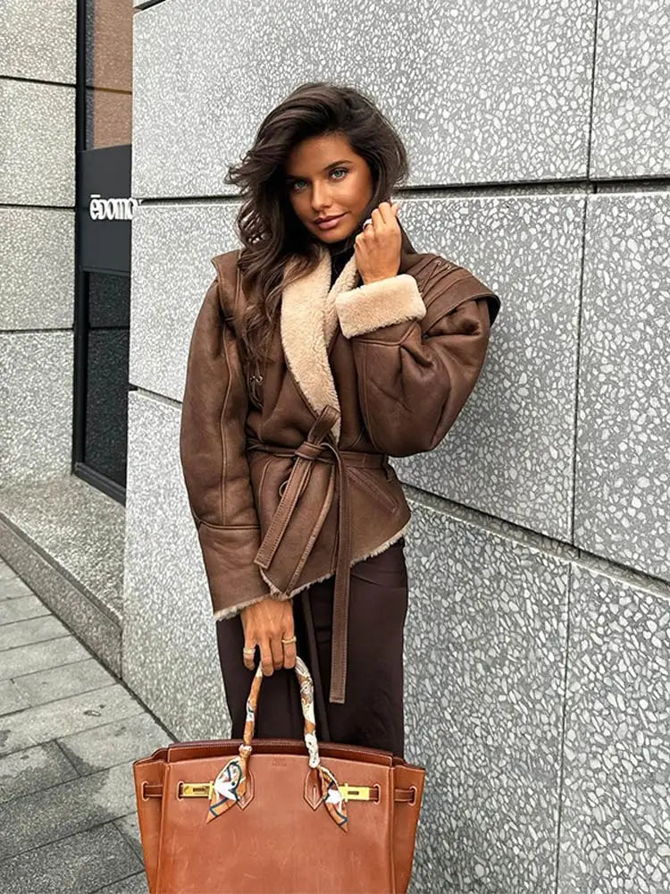 Teresa| Lisa ��������� Brown Jacket with Belt and Collar