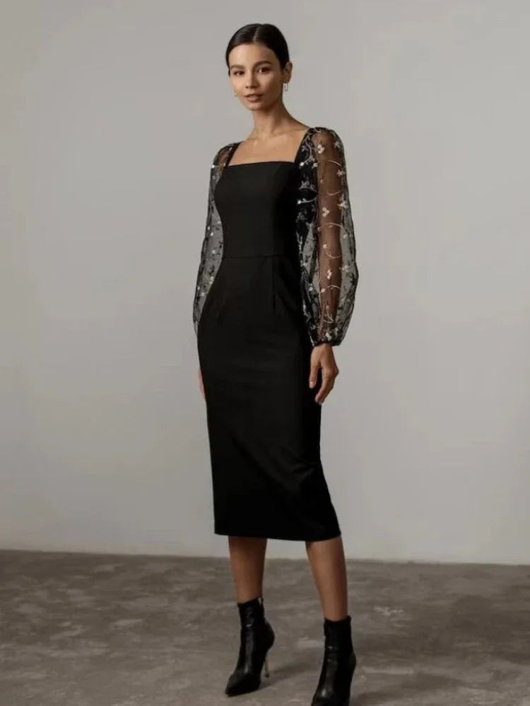 Winnie | Evening And Party Dress With Square Neckline And Long Sleeves