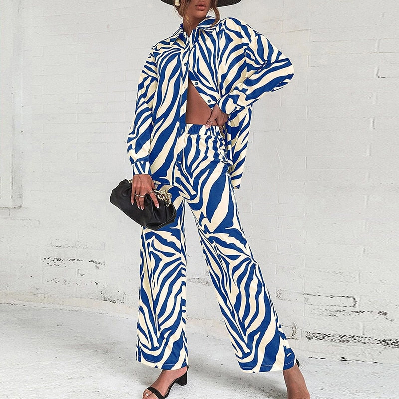 Vera | Elegant Abstract Print Long-Sleeved Blouse And Pants Set