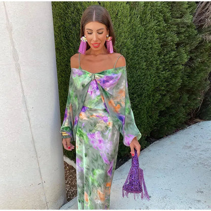 Valeria | Colorful, Sexy Maxi Dress With Halo Dye Print And Detachable Scarf