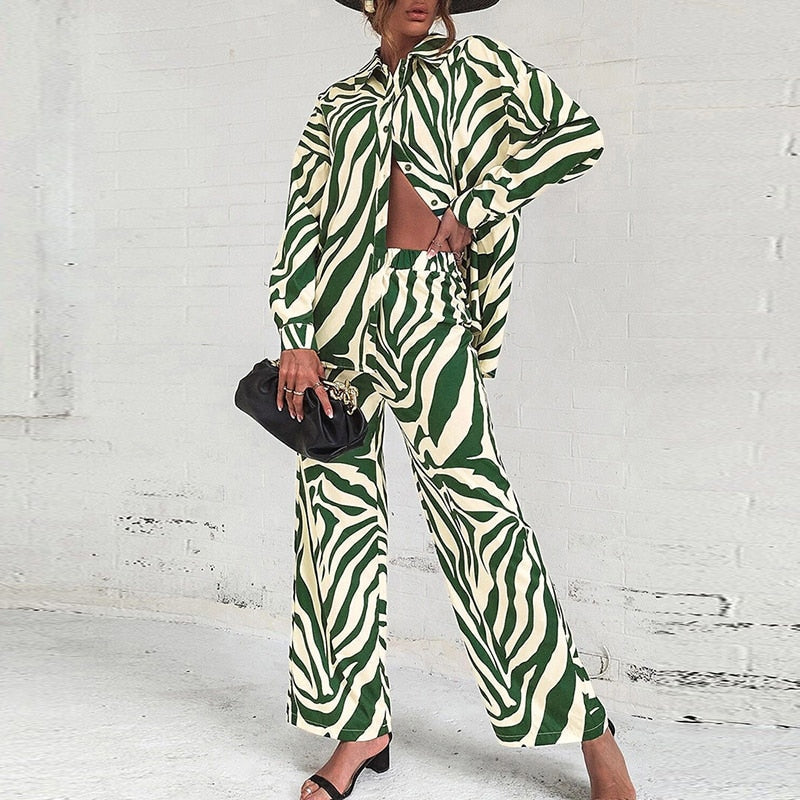 Vera | Elegant Abstract Print Long-Sleeved Blouse And Pants Set