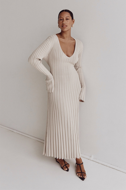 Winifred | Midi Dress With V-Neck And Knitted Sleeves