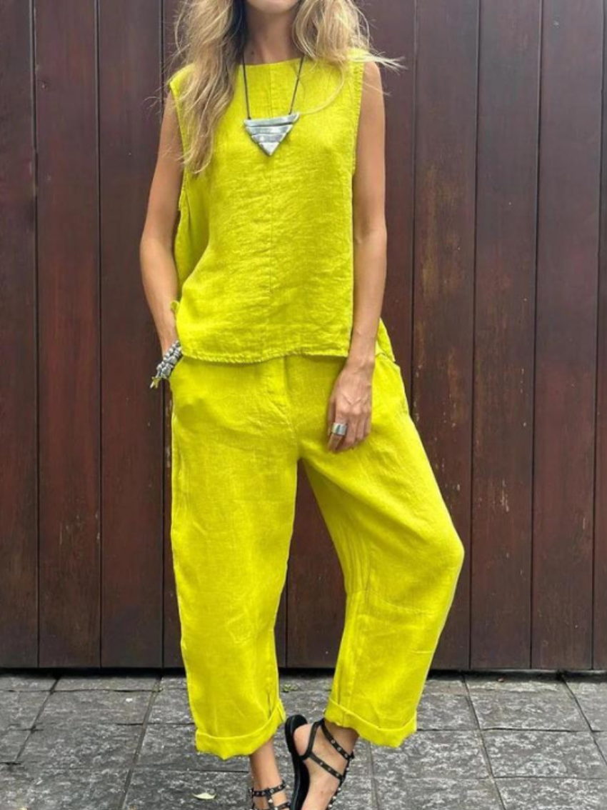 Wendy | Casual Sleeveless Cotton And Linen Top And Pants Set