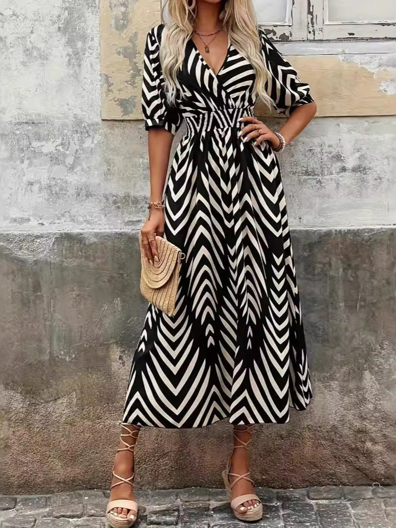 Vania | Elegant V-Neck Dress With Geometric Print