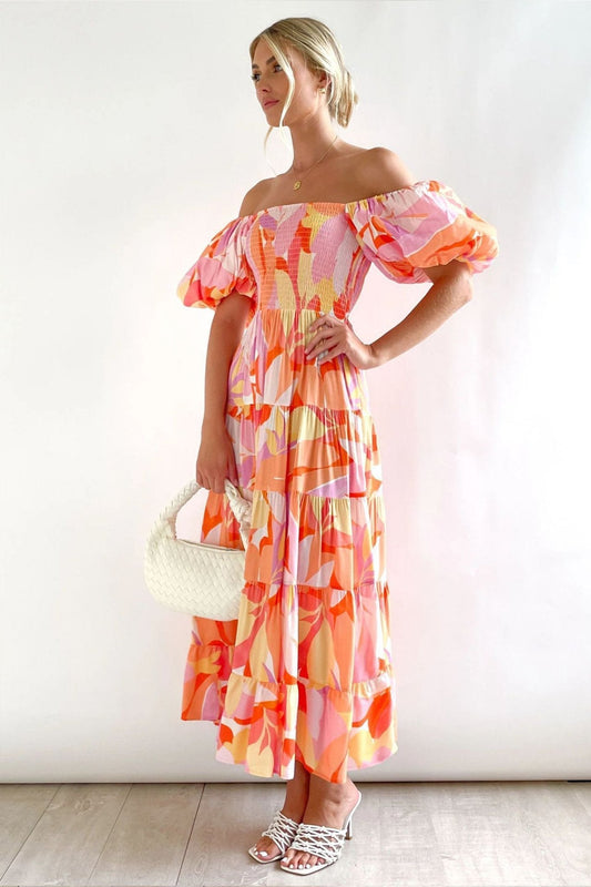 Wanda | Printed Off-The-Shoulder Tiered Maxi Dress With Puff Sleeves
