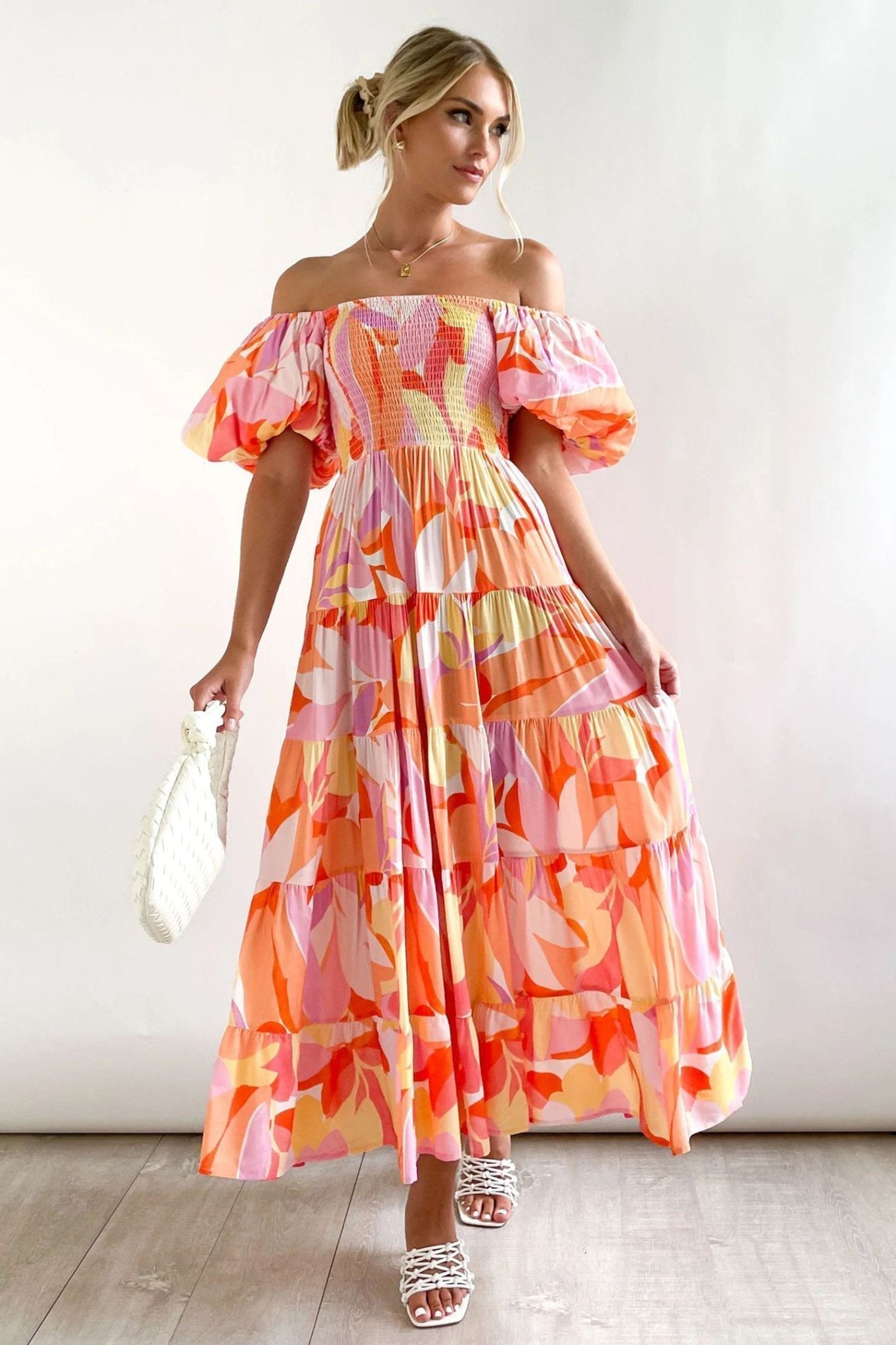Wanda | Printed Off-The-Shoulder Tiered Maxi Dress With Puff Sleeves