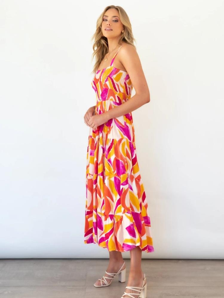 Xana | Printed Tiered Maxi Summer Dress With Ruched Bodice