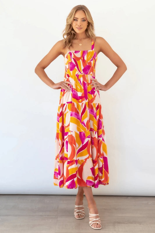 Xana | Printed Tiered Maxi Summer Dress With Ruched Bodice