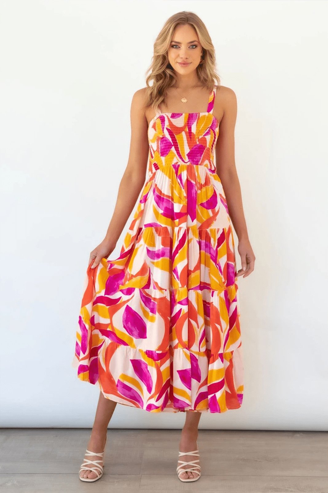 Xana | Printed Tiered Maxi Summer Dress With Ruched Bodice