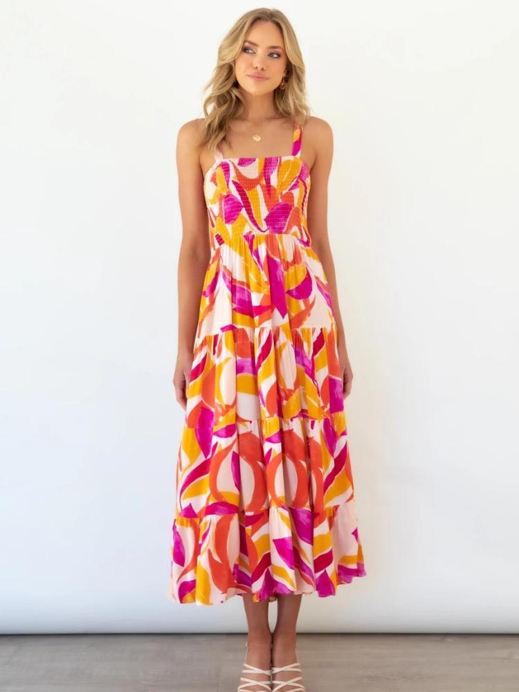 Xana | Printed Tiered Maxi Summer Dress With Ruched Bodice