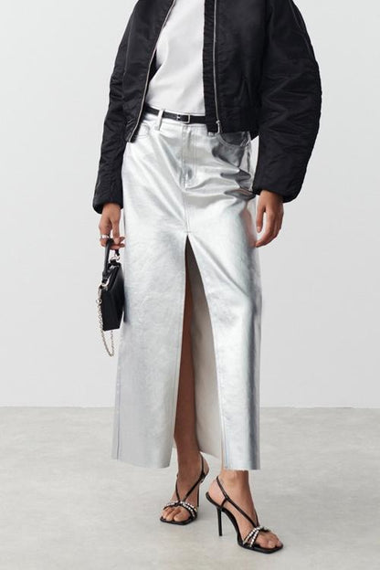 Viola | Maxi Slit Skirt In Metallic