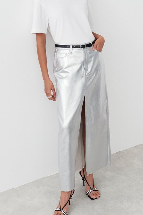 Viola | Maxi Slit Skirt In Metallic