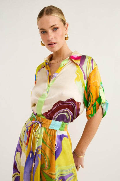 Uxía | Printed Satin Blouse Set