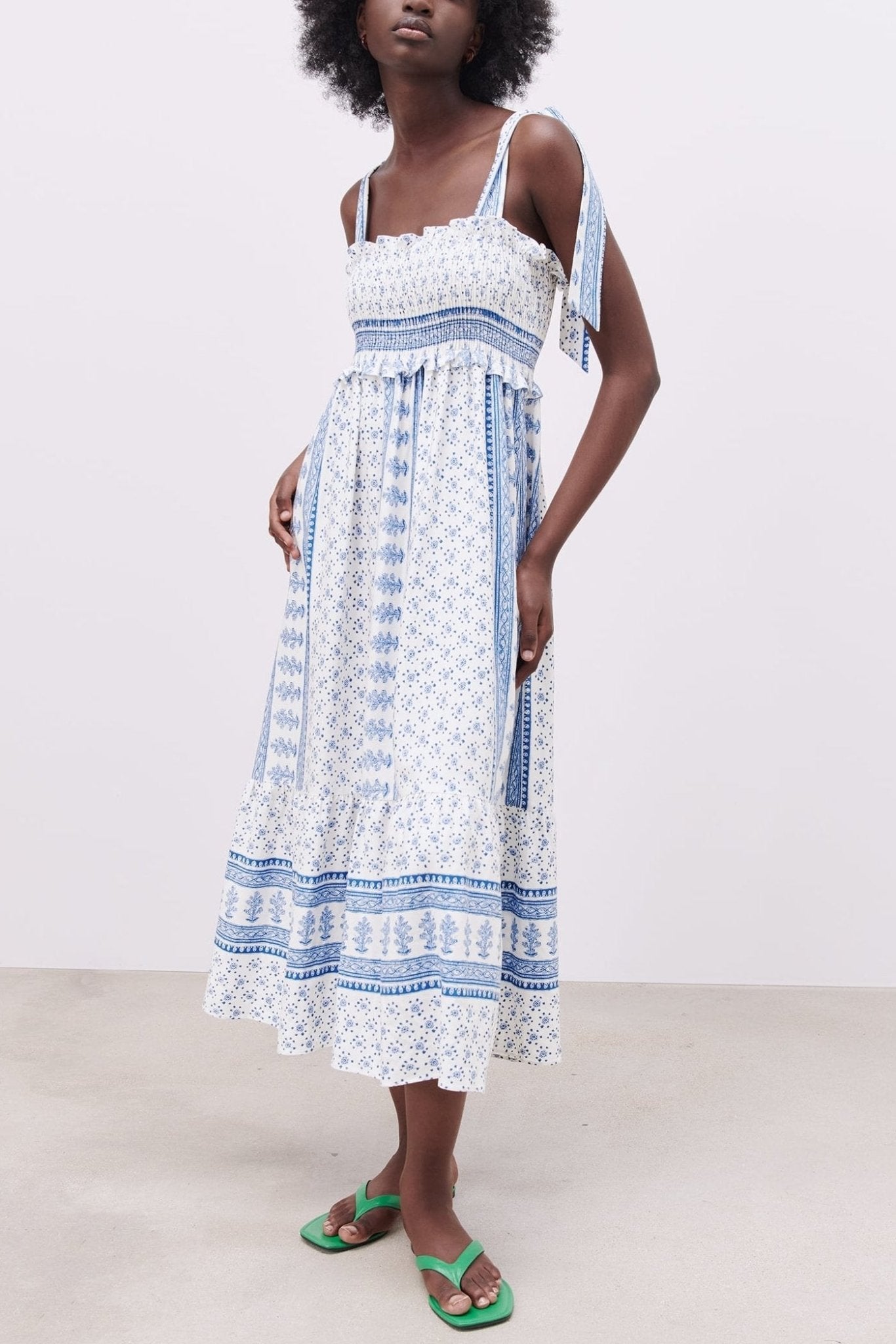 Wren | Printed Midi Dress With Gathered Straps