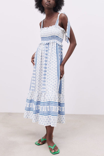 Wren | Printed Midi Dress With Gathered Straps