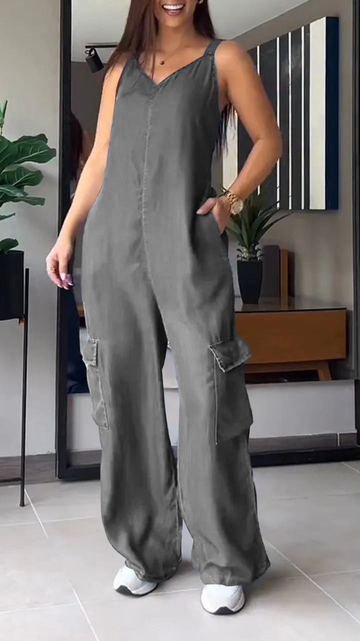 Teresa | Women'S Sleeveless Denim Cargo Jumpsuit