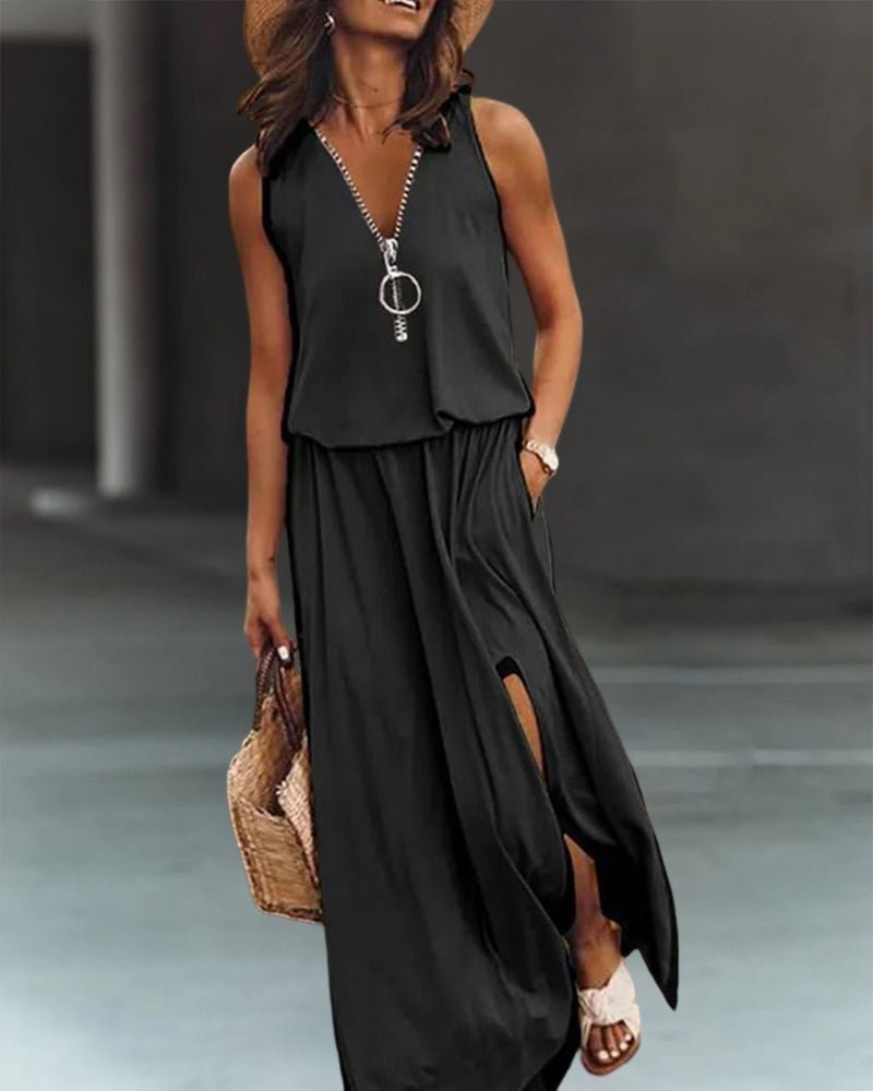 Xanthe | Elegant Cotton Mix Zip Dress With Slit