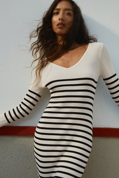 Tilda | Striped V-Neck Midi Knit Dress